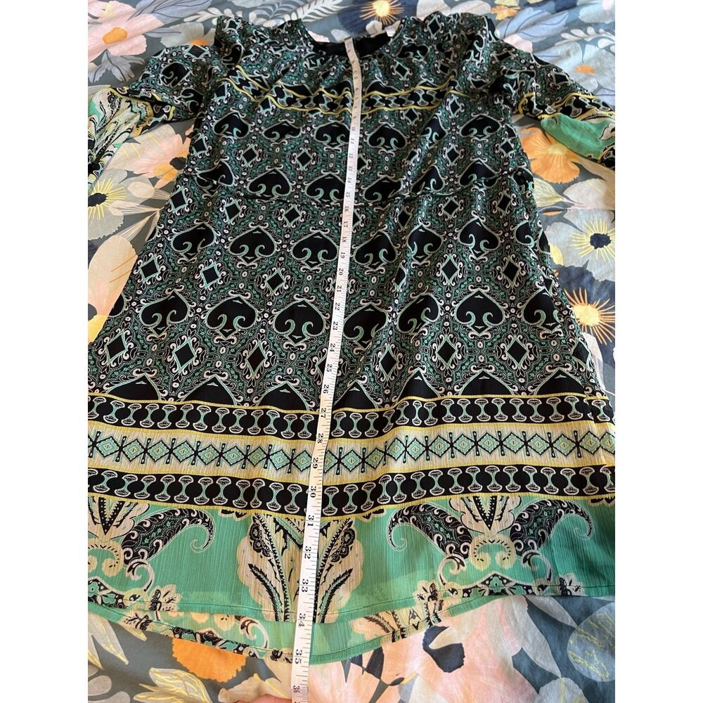 LOFT Dress Sheer Black Green Knee Length Size XS Petite. Tie Waist - Picture 9 of 11